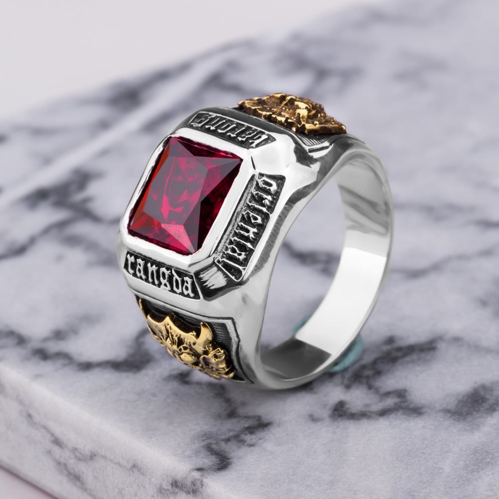 MetJakt Vintage Men's Ruby Ring Solid 925 Sterling Silver Ring for Men Punk Fine Jewelry