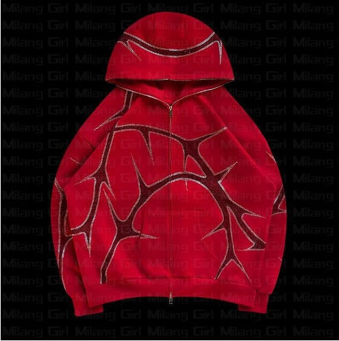 New men's and women's street hoodie set with hot diamond zippers, European and American hoodies