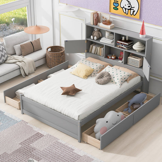 Full Size Platform Bed with Storage Headboard, Charging Station and 4 Drawers, Gray