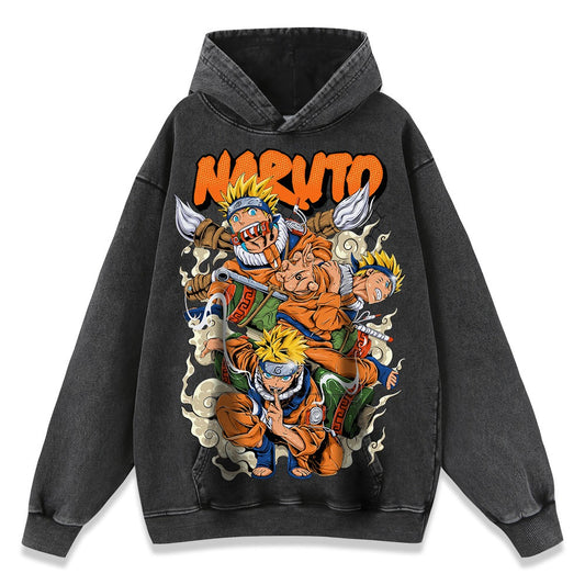 Japanese trendy classic anime print 420g heavyweight washed and distressed hoodie for men and women, retro American style