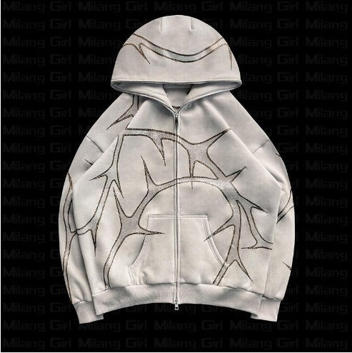 New men's and women's street hoodie set with hot diamond zippers, European and American hoodies