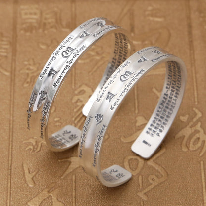 Couple Opening Bangle 100% S999 sterling silver Women Men Smooth Scrub Buddha Scripture Mantra Bracelet Bangle jewelry