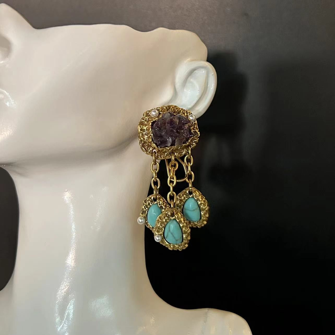 Vintage Heavy Amethyst Turquoise Tassel Earrings