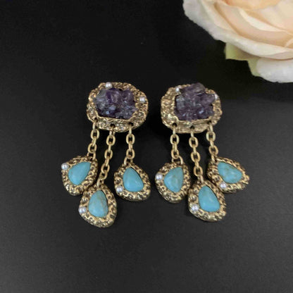 Vintage Heavy Amethyst Turquoise Tassel Earrings