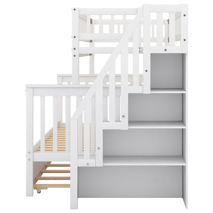 Twin over Full Bunk Bed with Trundle and Staircase White