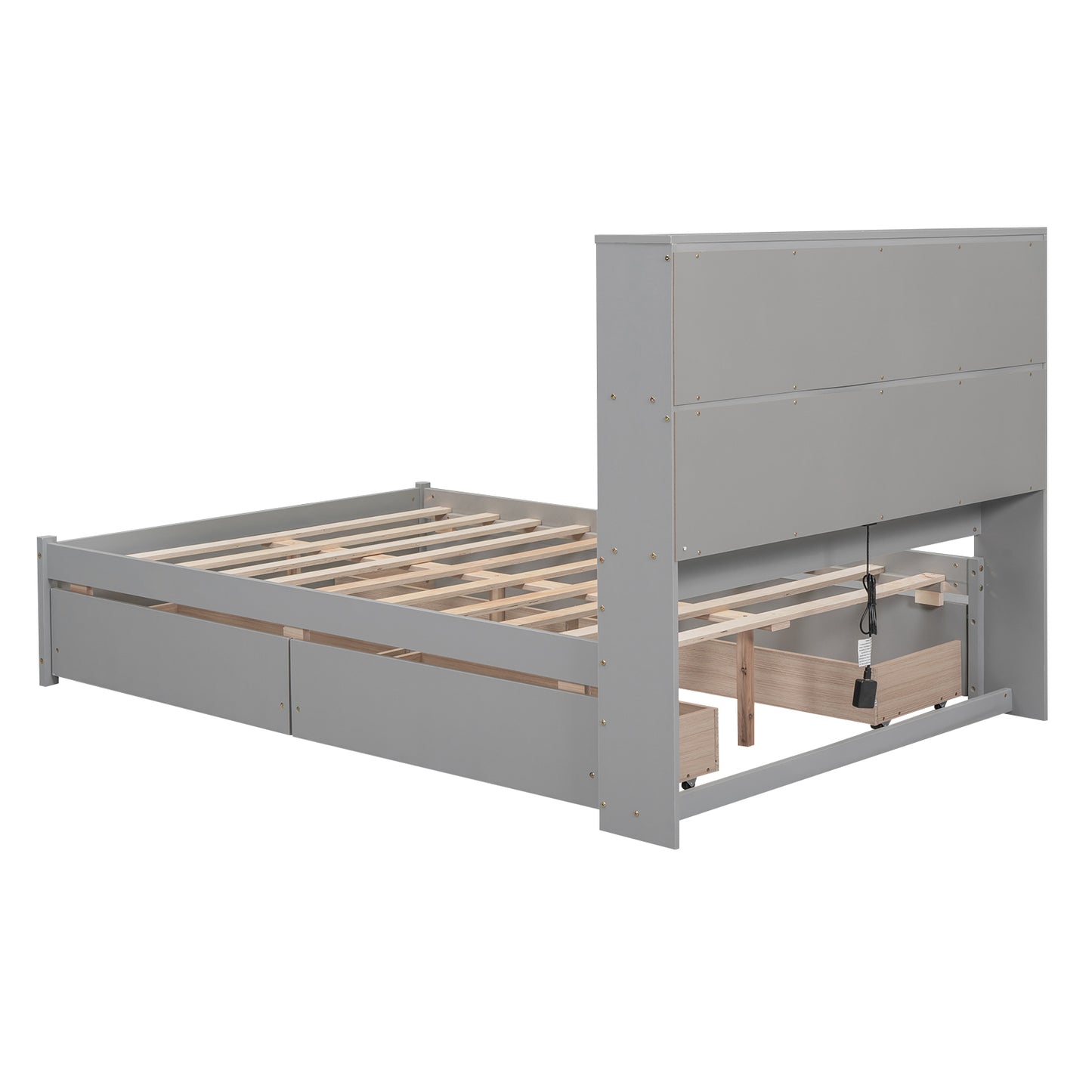 Full Size Platform Bed with Storage Headboard, Charging Station and 4 Drawers, Gray