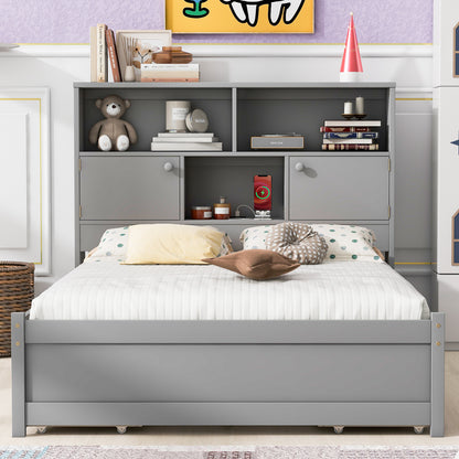 Full Size Platform Bed with Storage Headboard, Charging Station and 4 Drawers, Gray