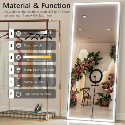 72X32 inch large LED bathroom mirror wall mounted mirror with 3 color modes, aluminum frame wall mounted light, full body mirror