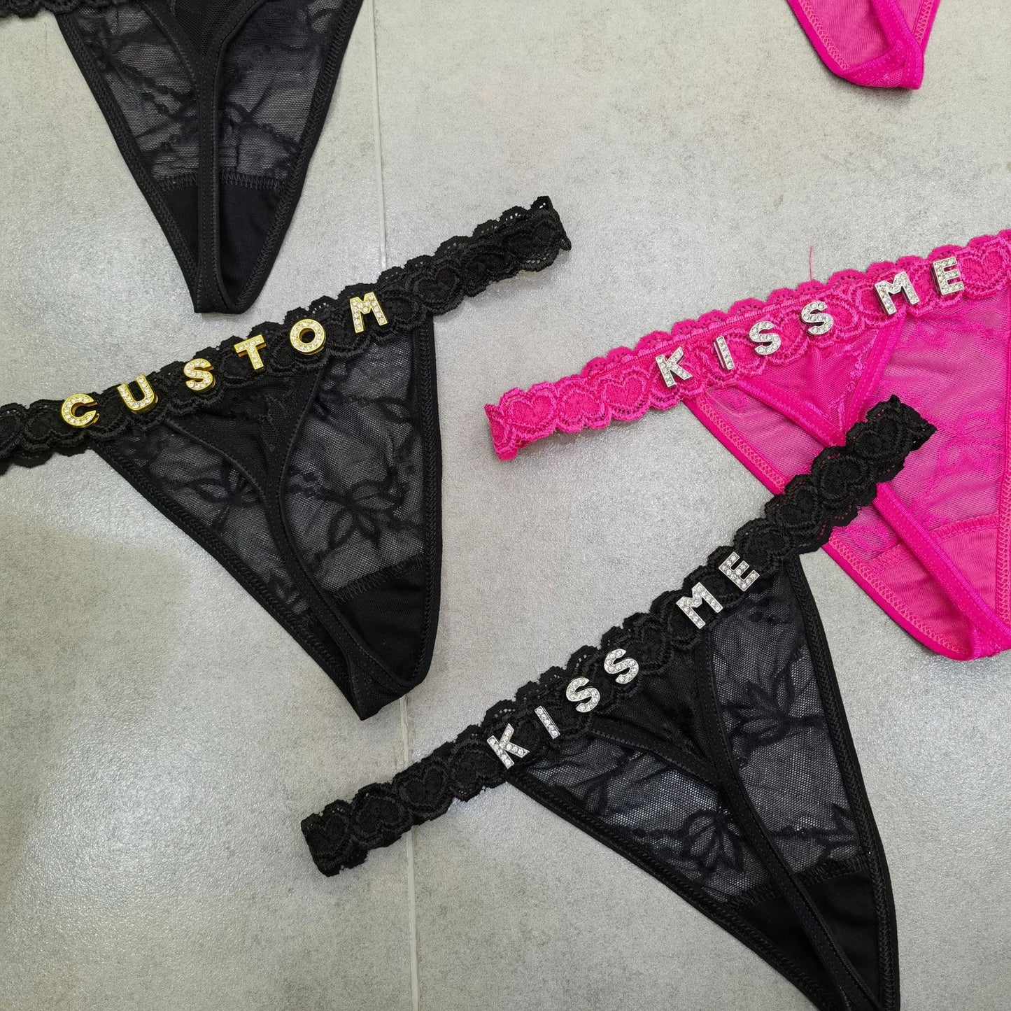 DIY metal rhinestone letter thong for women's sexy and playful lace underwear