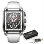 Lige New Men's Watch Square Multifunction Chronograph 30M Waterproof Watch