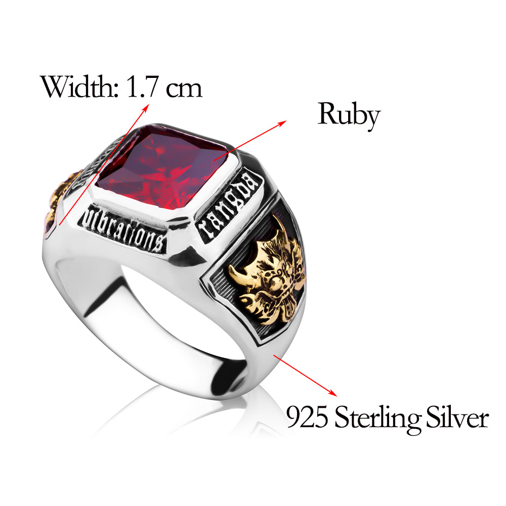 MetJakt Vintage Men's Ruby Ring Solid 925 Sterling Silver Ring for Men Punk Fine Jewelry