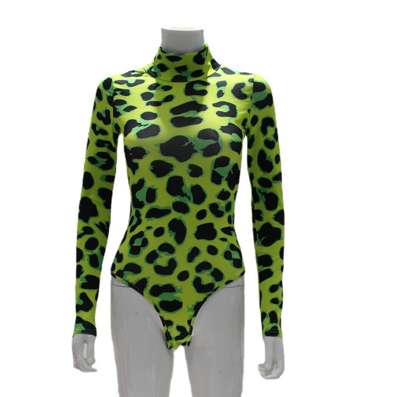 Printed turtleneck long-sleeved leopard print Internet celebrity street personality hot girl bottoming jumpsuit