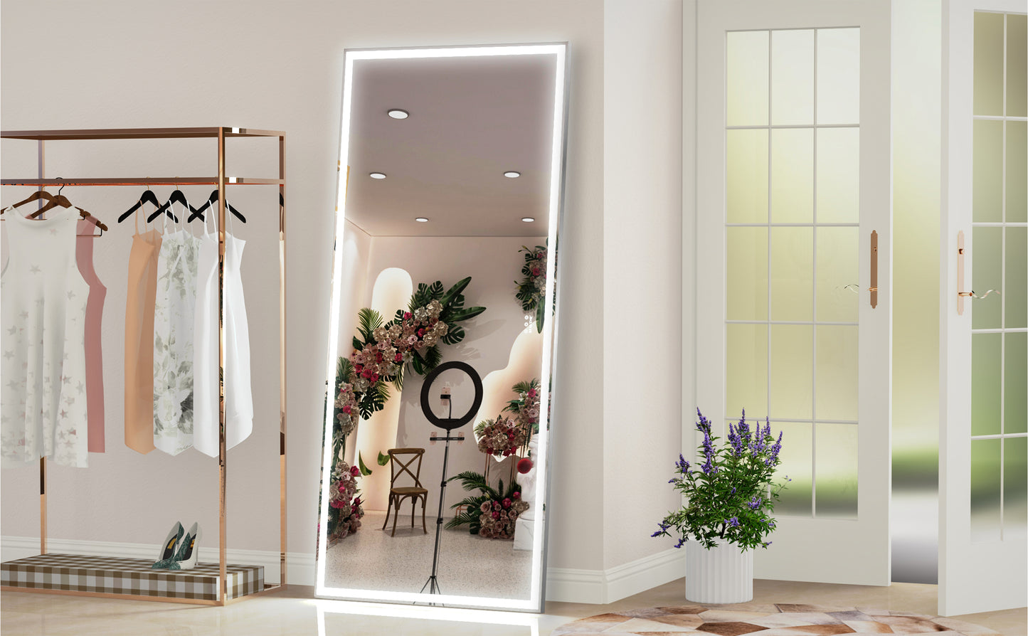 72X32 inch large LED bathroom mirror wall mounted mirror with 3 color modes, aluminum frame wall mounted light, full body mirror