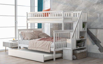 Twin over Full Bunk Bed with Trundle and Staircase White