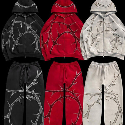 New men's and women's street hoodie set with hot diamond zippers, European and American hoodies