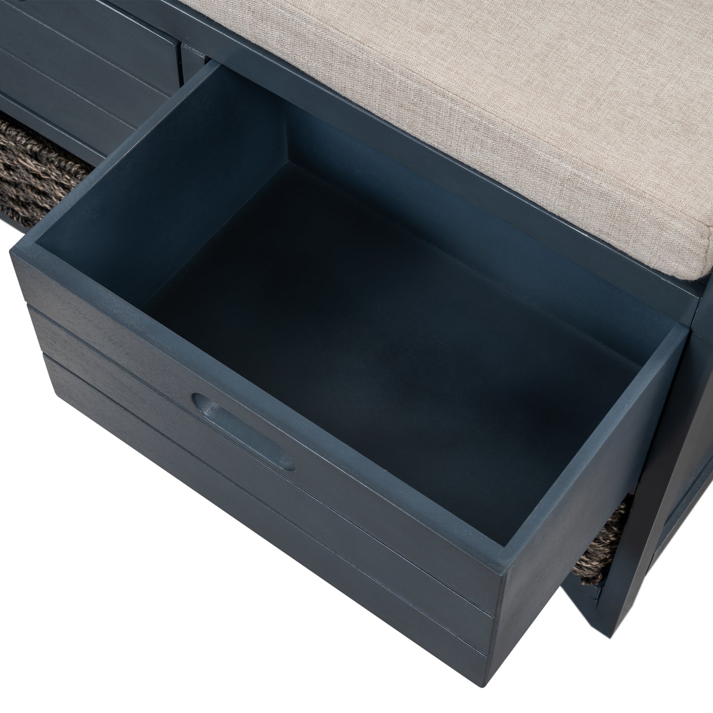 TREXM Storage Bench with Removable Basket and 2 Drawers, Fully Assembled Shoe Bench with Removable Cushion (Navy)