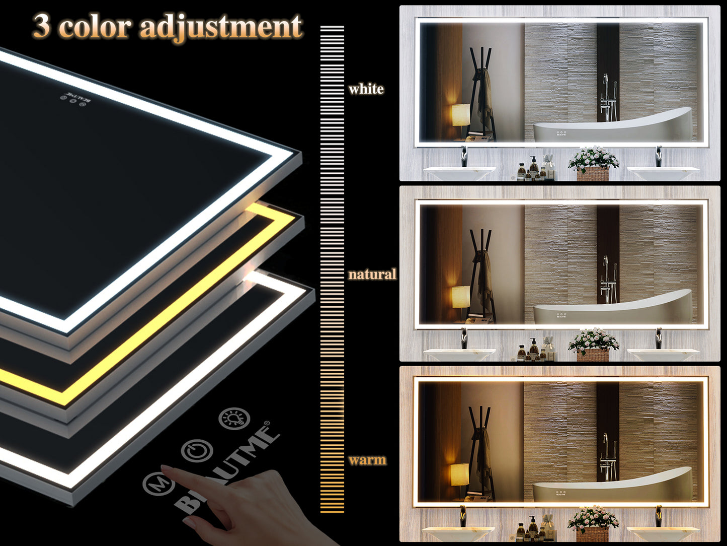 72X32 inch large LED bathroom mirror wall mounted mirror with 3 color modes, aluminum frame wall mounted light, full body mirror