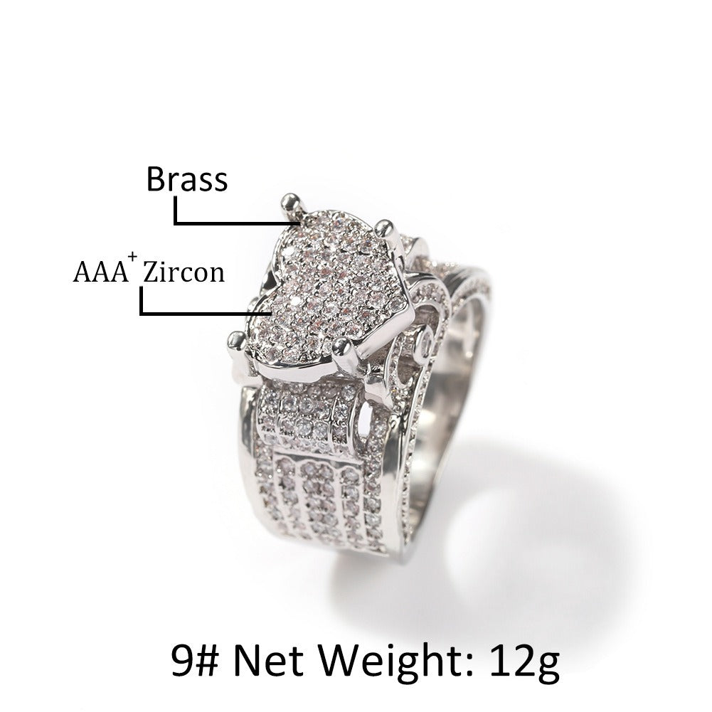 European and American hip-hop style micro-paved zircon love ring heavy design full diamond retro ring trend new accessories