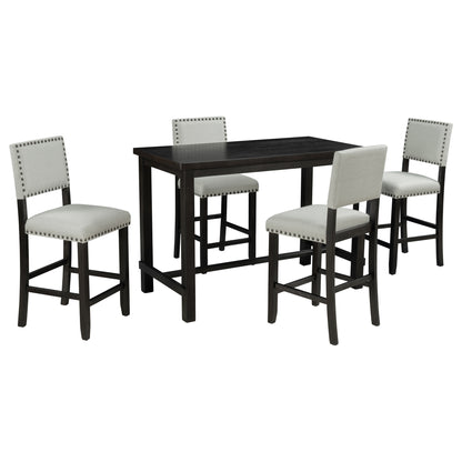 TREXM 5-Piece Counter Height Dining Set, Classic Elegant Table and 4 Chairs in Espresso and Beige