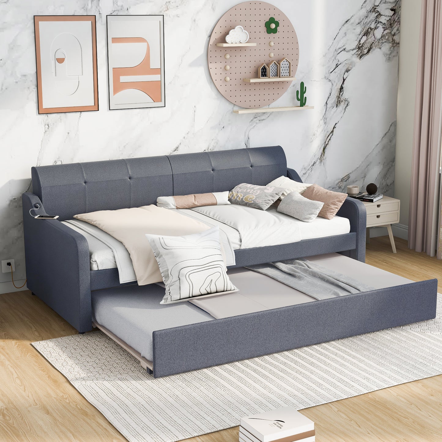 Twin Size Upholstery DayBed with Trundle and USB Charging Design Trundle can be flat or erected Gray