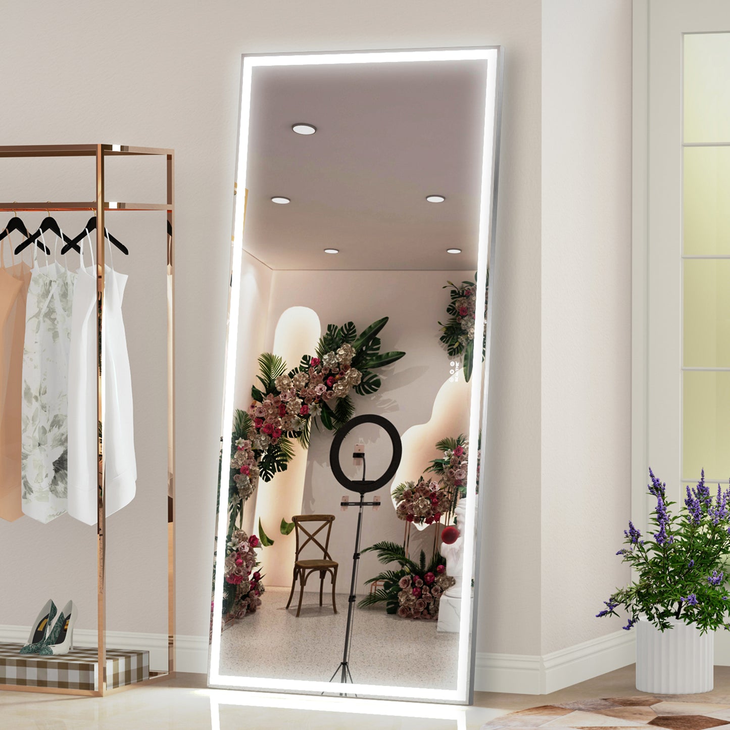 72X32 inch large LED bathroom mirror wall mounted mirror with 3 color modes, aluminum frame wall mounted light, full body mirror