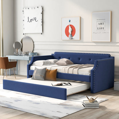 Upholstered Daybed with Trundle, Wood Slat Support,Upholstered Frame Sofa Bed Twin Blue