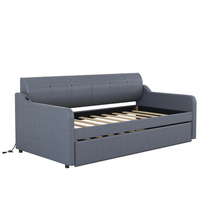 Twin Size Upholstery DayBed with Trundle and USB Charging Design Trundle can be flat or erected Gray