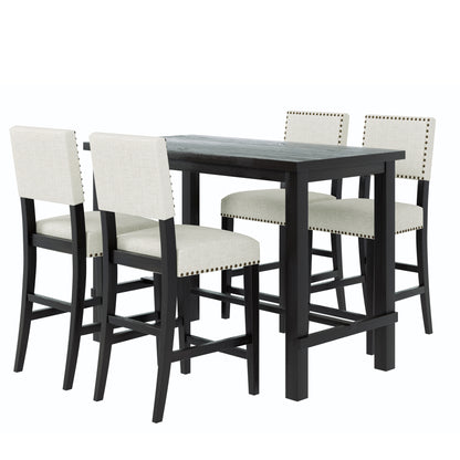 TREXM 5-Piece Counter Height Dining Set, Classic Elegant Table and 4 Chairs in Espresso and Beige