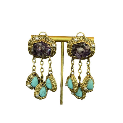 Vintage Heavy Amethyst Turquoise Tassel Earrings