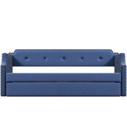 Upholstered Daybed with Trundle, Wood Slat Support,Upholstered Frame Sofa Bed Twin Blue