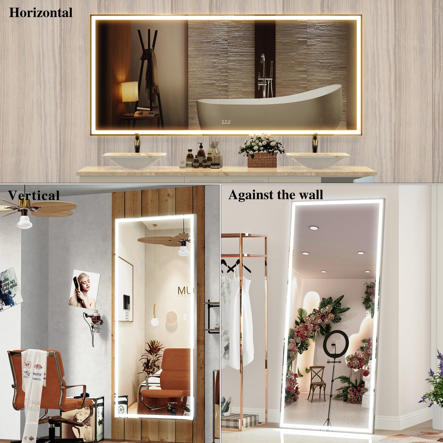 72X32 inch large LED bathroom mirror wall mounted mirror with 3 color modes, aluminum frame wall mounted light, full body mirror