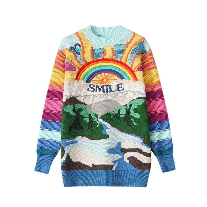 Rainbow Knitted Top Women's Heavy Industry Embroidered Letter Sweater