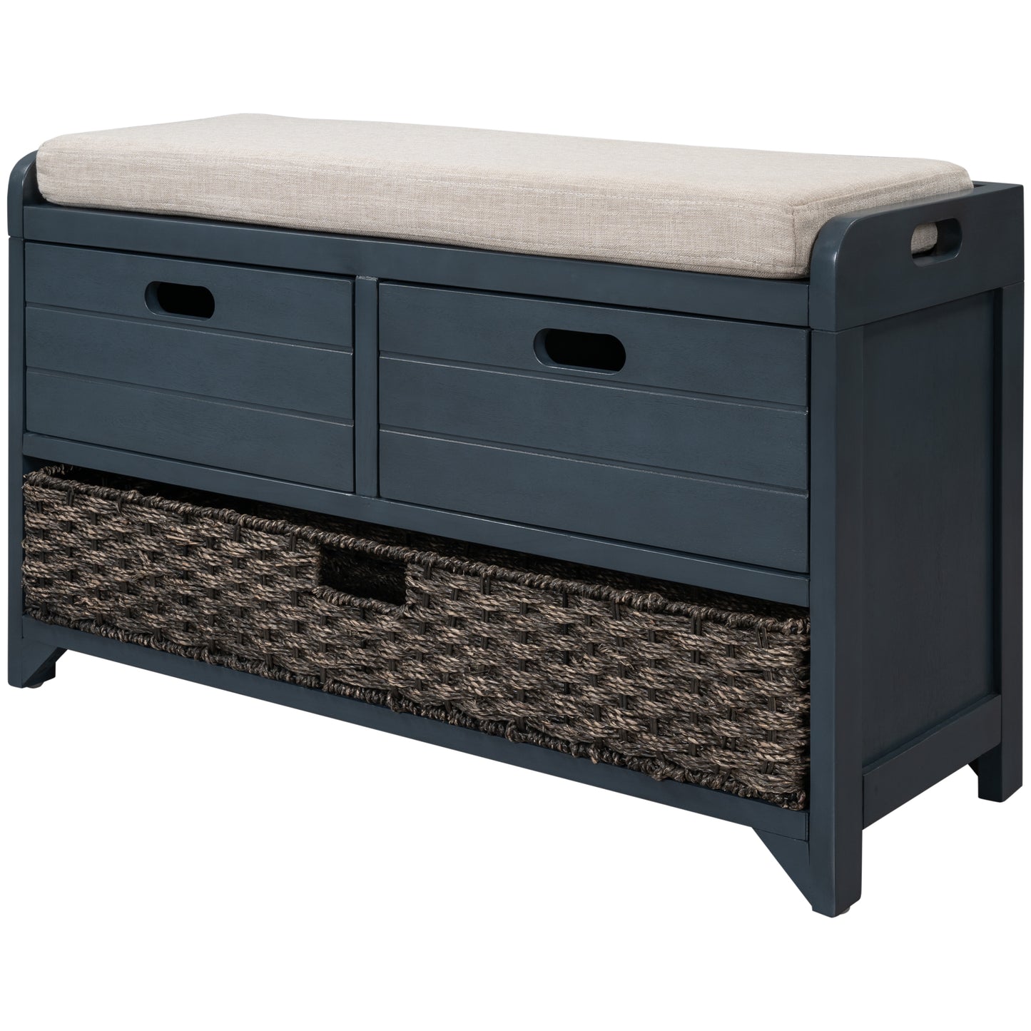 TREXM Storage Bench with Removable Basket and 2 Drawers, Fully Assembled Shoe Bench with Removable Cushion (Navy)