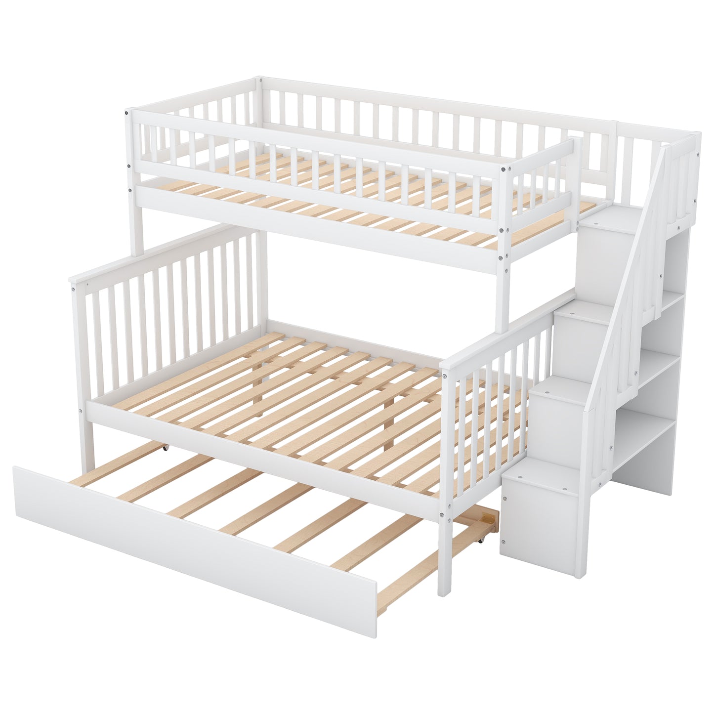 Twin over Full Bunk Bed with Trundle and Staircase White