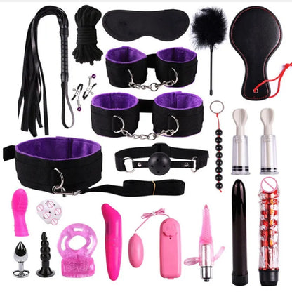 23 Pcs Bdsm Bondage Adult Slave Games Set Sex Handcuffs Whip Mouth Gag Porno Sex Butt Plug Bead Anal Plug Vibrator For Couples