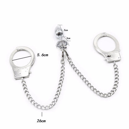 New Metal Bondage Sex Handcuffs Connect with Anal Plug Adult SM Sex Toys Bondage Fetish Sex Products