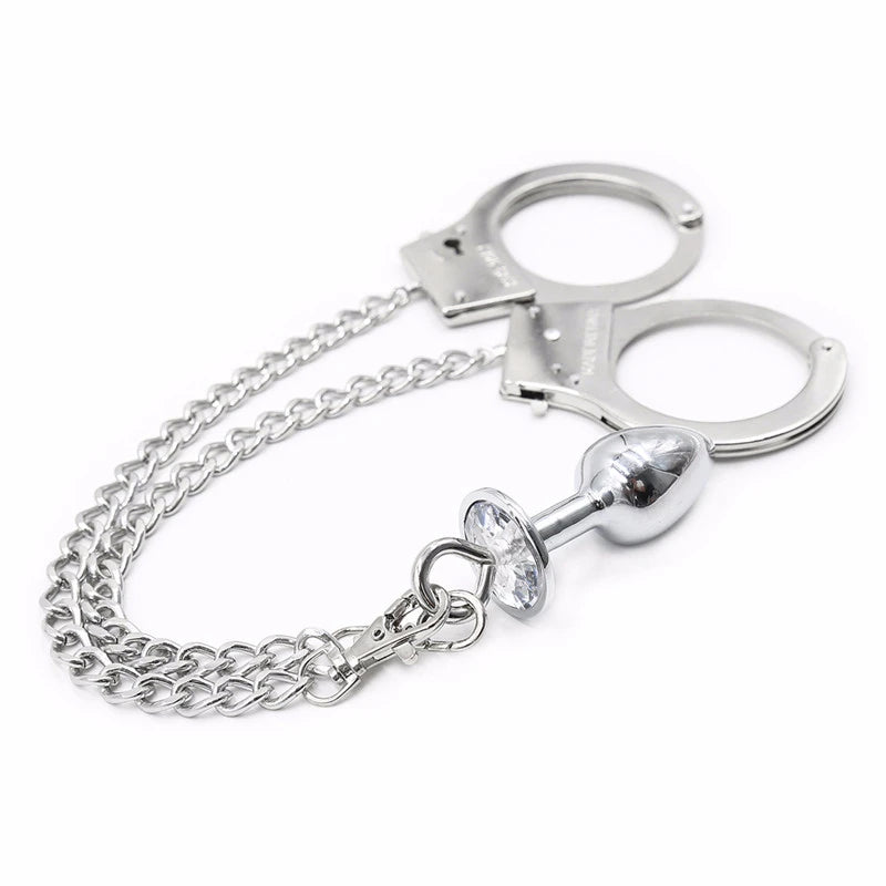 New Metal Bondage Sex Handcuffs Connect with Anal Plug Adult SM Sex Toys Bondage Fetish Sex Products