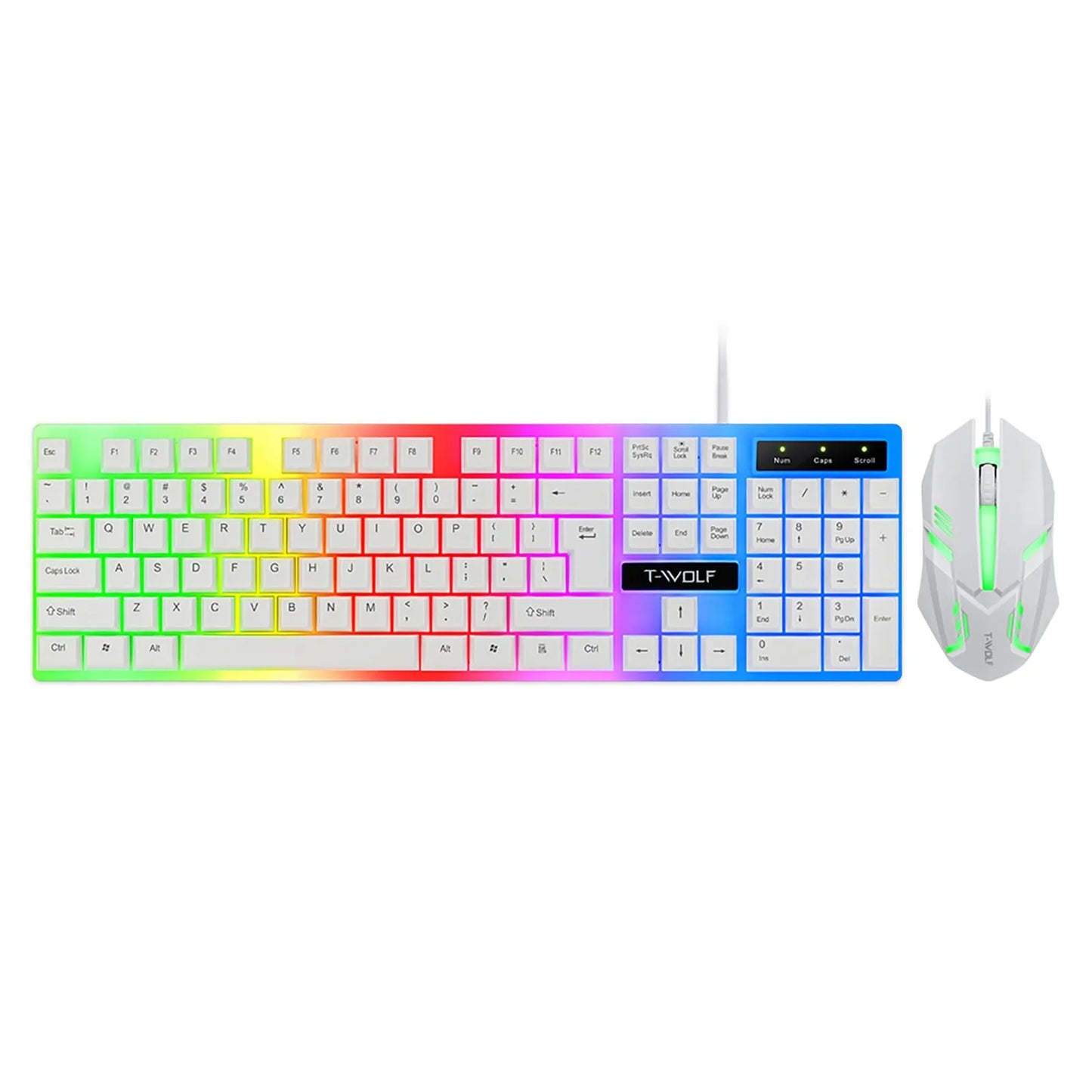 Rainbow Backlit Wired Gaming Keyboard and Mouse Kit with One-Click Light Control